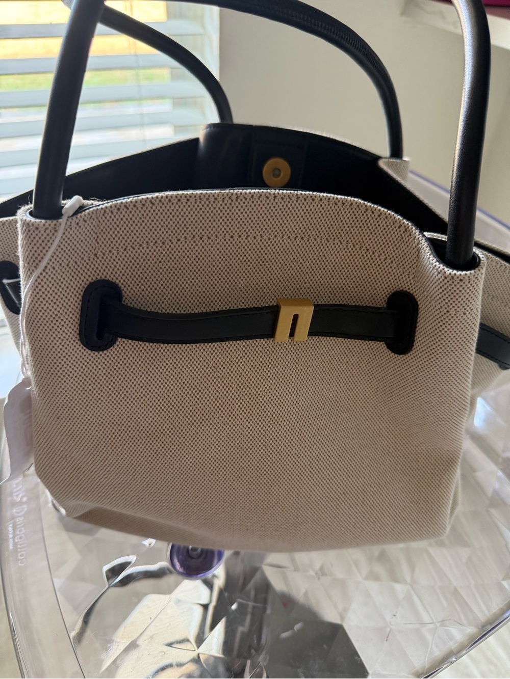 JW PEI Cream Canvas Tote with Black Trim and Gold Accent